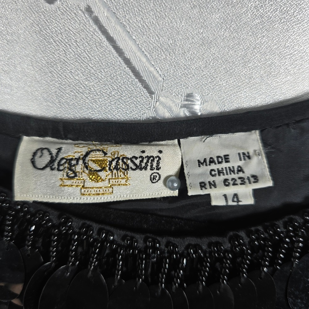 Oleg Cassini Vintage Black Tie Shift Dress Womens 14 Silk Beaded Sequin Formal - Picture 4 of 12